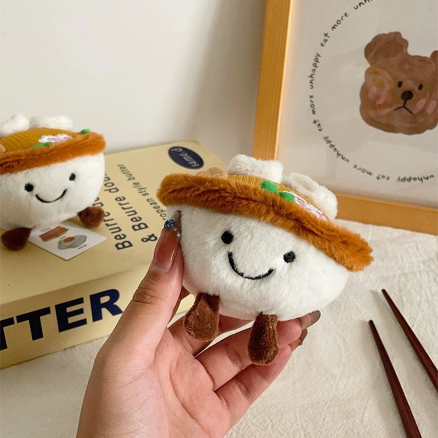 Cute Rice Bowl Plush Toy 10cm Soft Stuffed Keychain, Kawaii Food Character, Ideal for Backpack Pendant & Gifting 1