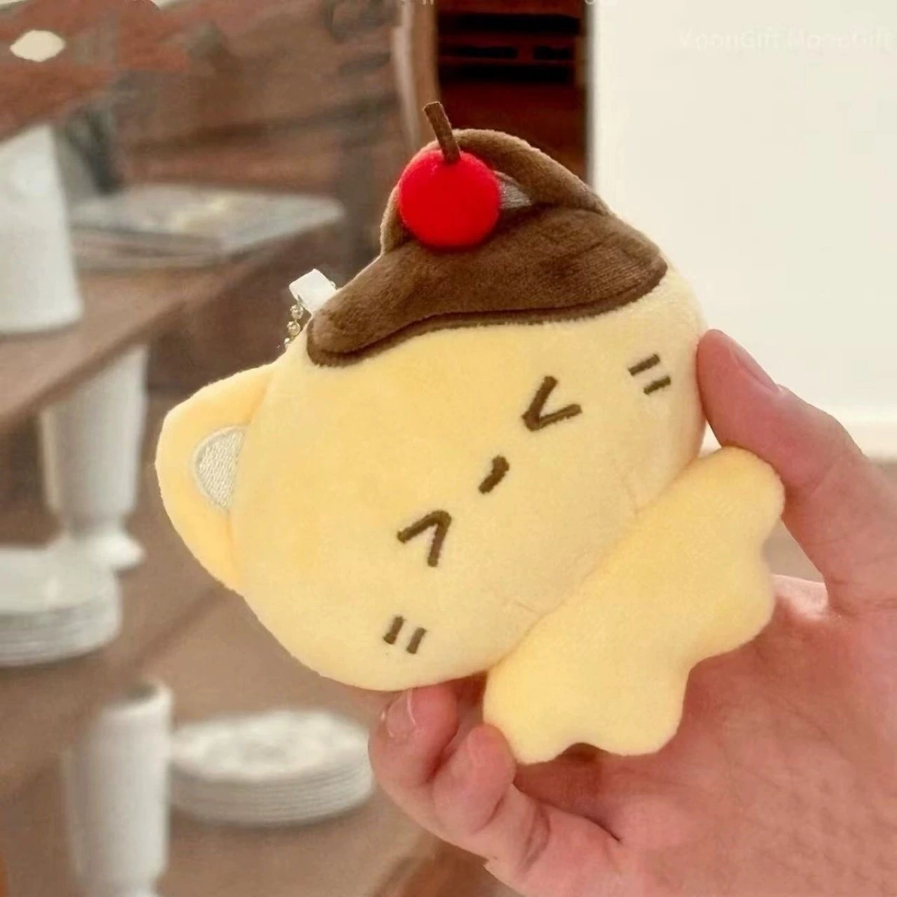 Kawaii Dessert Cat Plush Pendant 10cm Premium Fleece Keyring, Yellow Pudding Body, Perfect for Daily Carry & Small Accessory 1