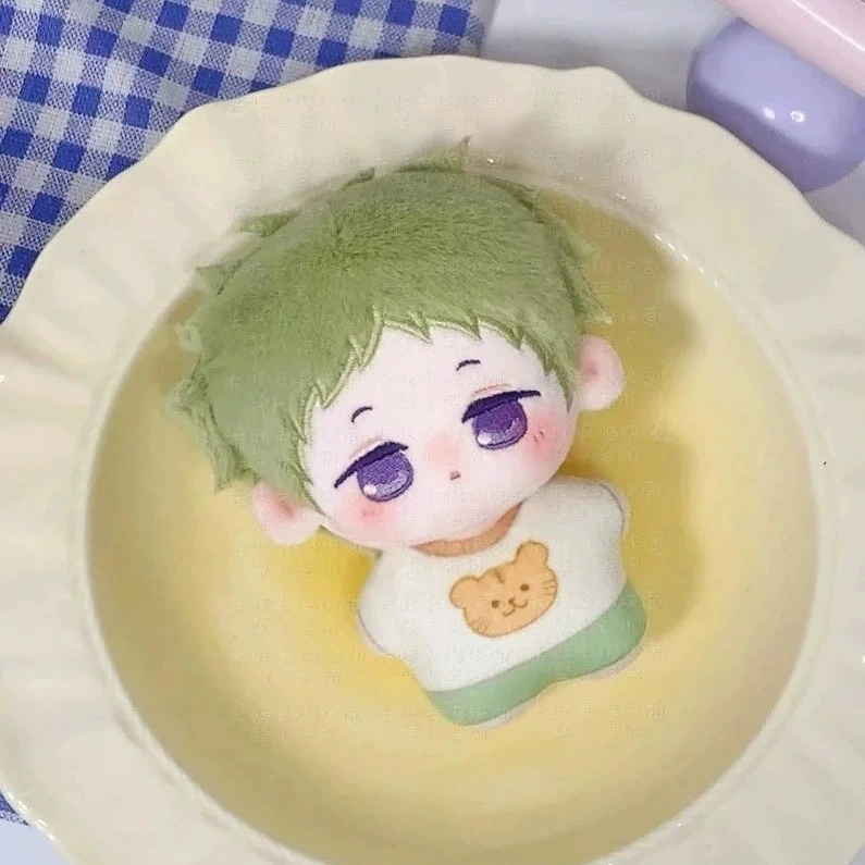10cm Chibi Boy Plush Keychain with Green Hair, Cute Cat Print Outfit, Anime-Style Cotton Doll 1