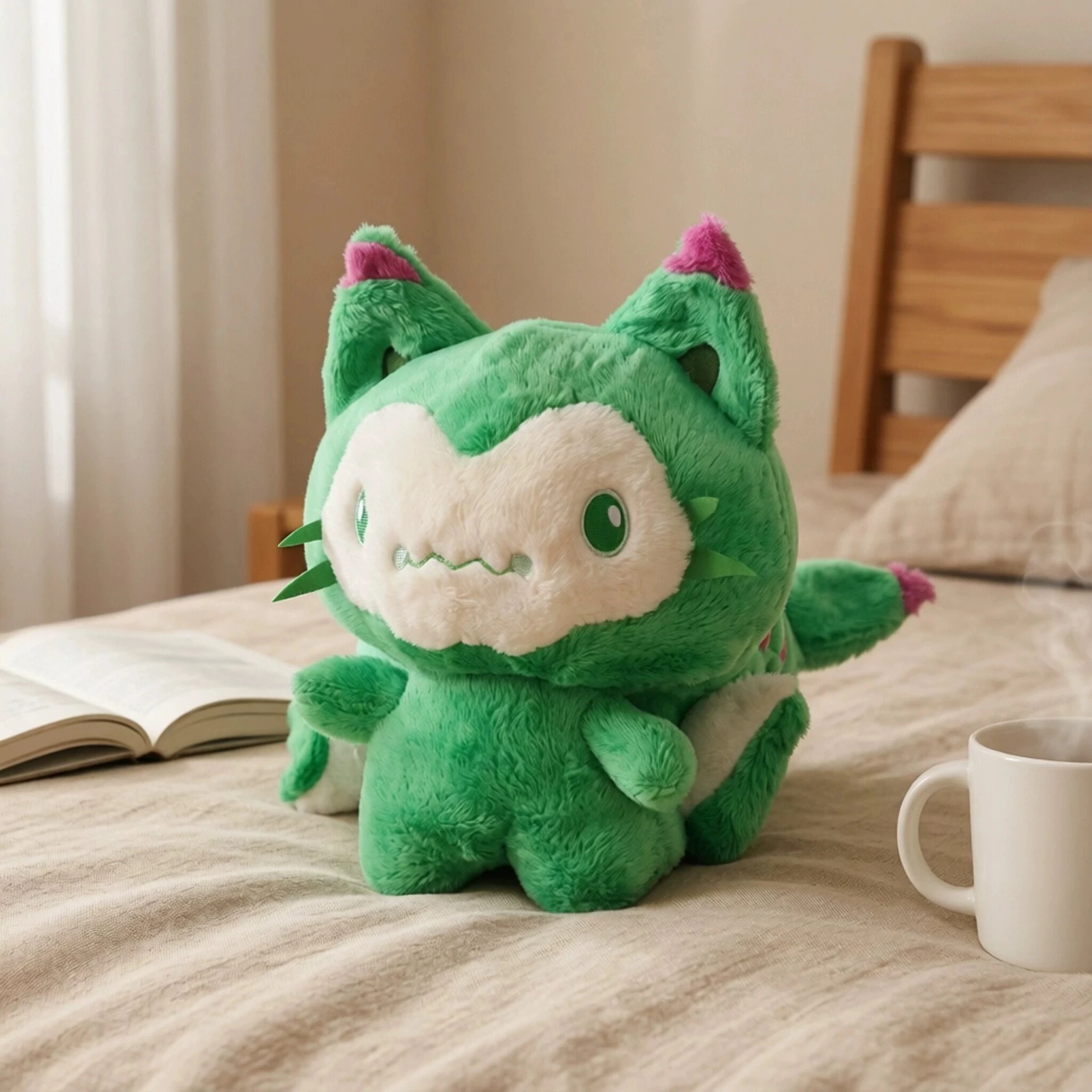 Cute Green Dragon Cat Plush, Kawaii Chibi Dragon-Cat Hybrid Stuffed Toy 1