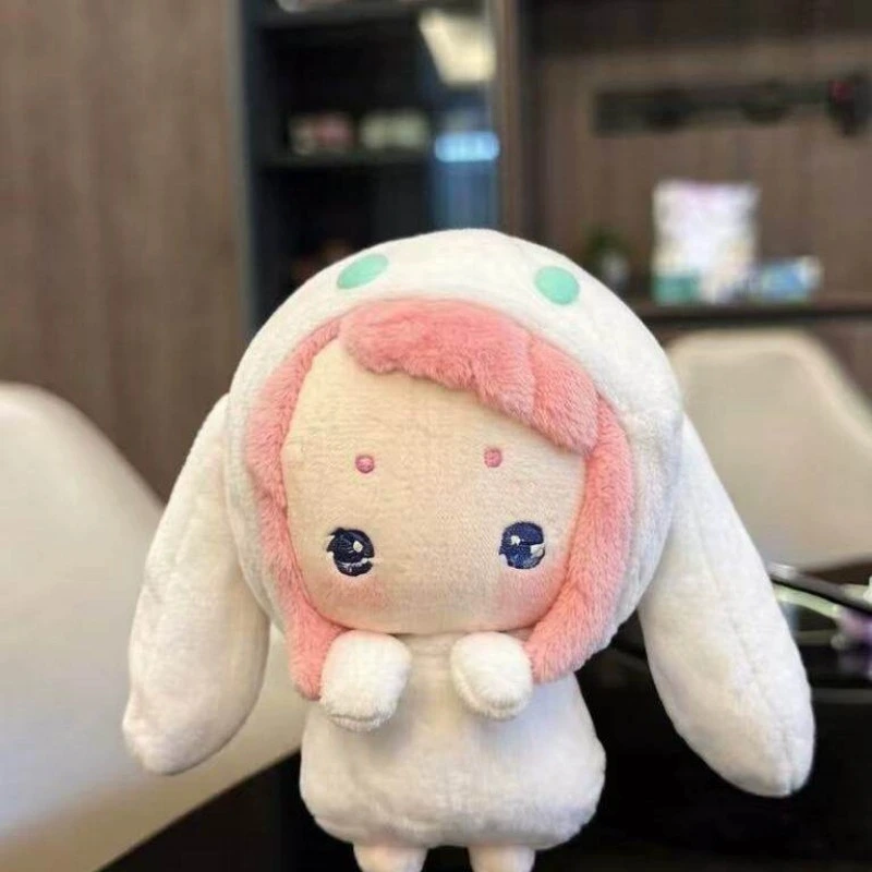 20cm Cute Pink Hair Bunny Hood Plush Doll, Kawaii Chibi Girl with Rabbit Ears 1