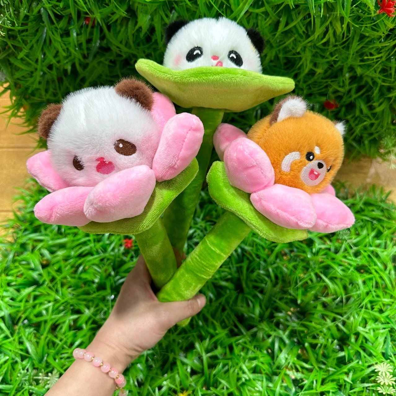 Cute Plush Lotus Flower Sticks, Cartoon Panda Red Panda Raccoon Animal Bouquet, Soft Stuffed Flower Toy Gift 1