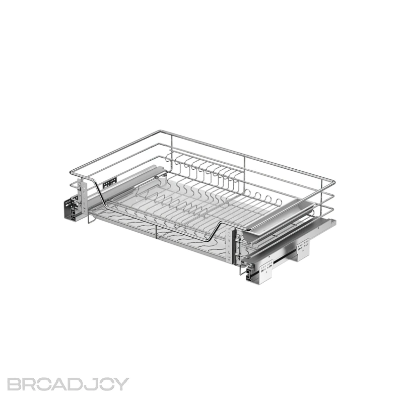 tiroir de meuble de cuisine rond en fil métallique avec quatre paniers coulissants pour plats à dessert. Organisateur de rangement coulissant. 1