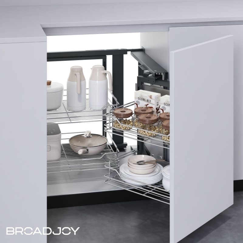 Fabricant chinois d'accessoires de quincaillerie pour meubles de cuisine, panier coulissant d'angle magique en fil métallique rond 1