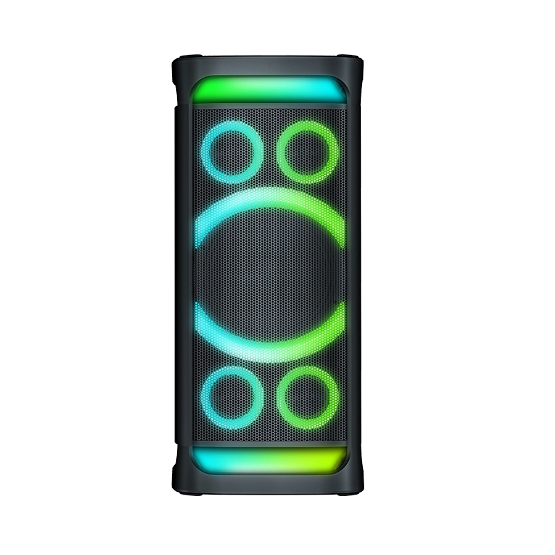 ลำโพงปาร์ตี้ 100 วัตต์ พร้อมวูฟเฟอร์คู่ขนาด 8 นิ้ว ฐานไฟระยิบระยับ และปรับตำแหน่งการวางได้ | Deluxe AV AP-2812 1