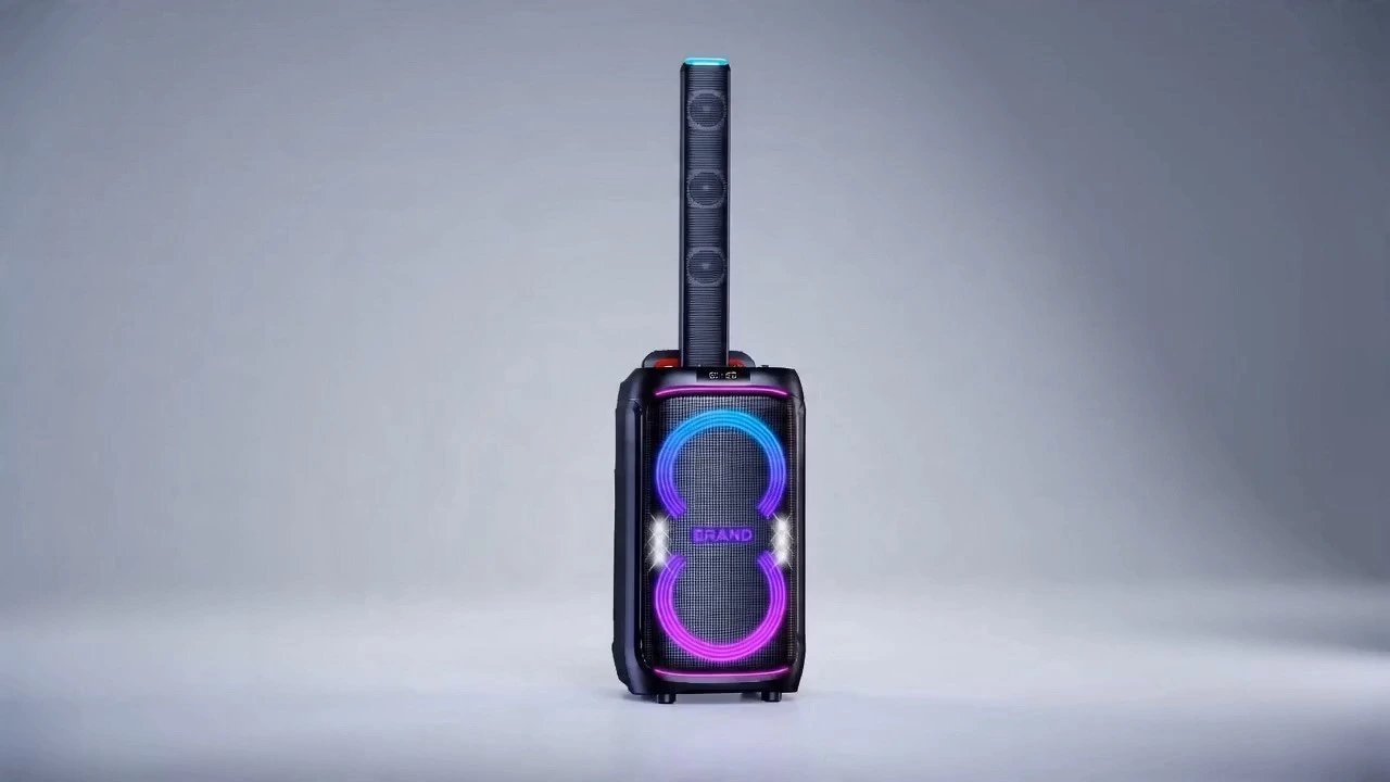 Altavoz Bluetooth portátil de 120 W con dos woofers de 8", tres altavoces de columna de sonido de 2,5", luz LED Infinity y luz LED lineal | Deluxe AV AP-G668Y 1