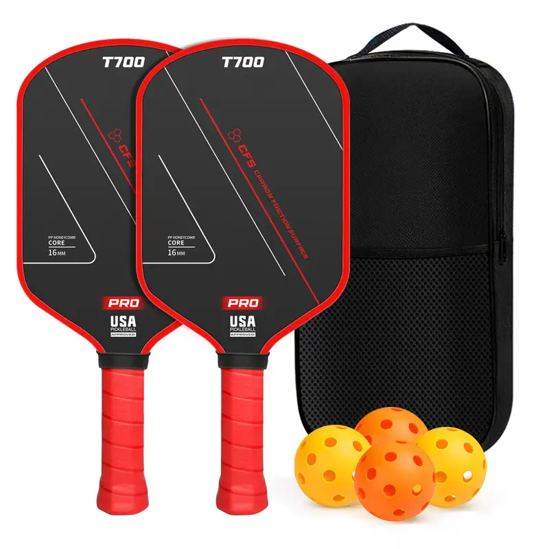 Juego de paletas de pickleball de carbono T700 con detalles en rojo y agarre rojo
