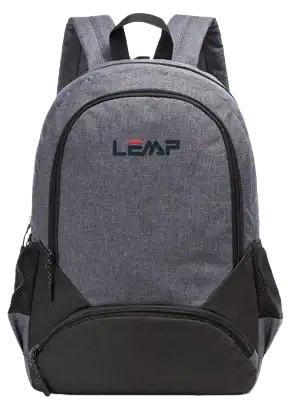 2.	Heather gray & black custom casual laptop backpack with dual front pockets, front view