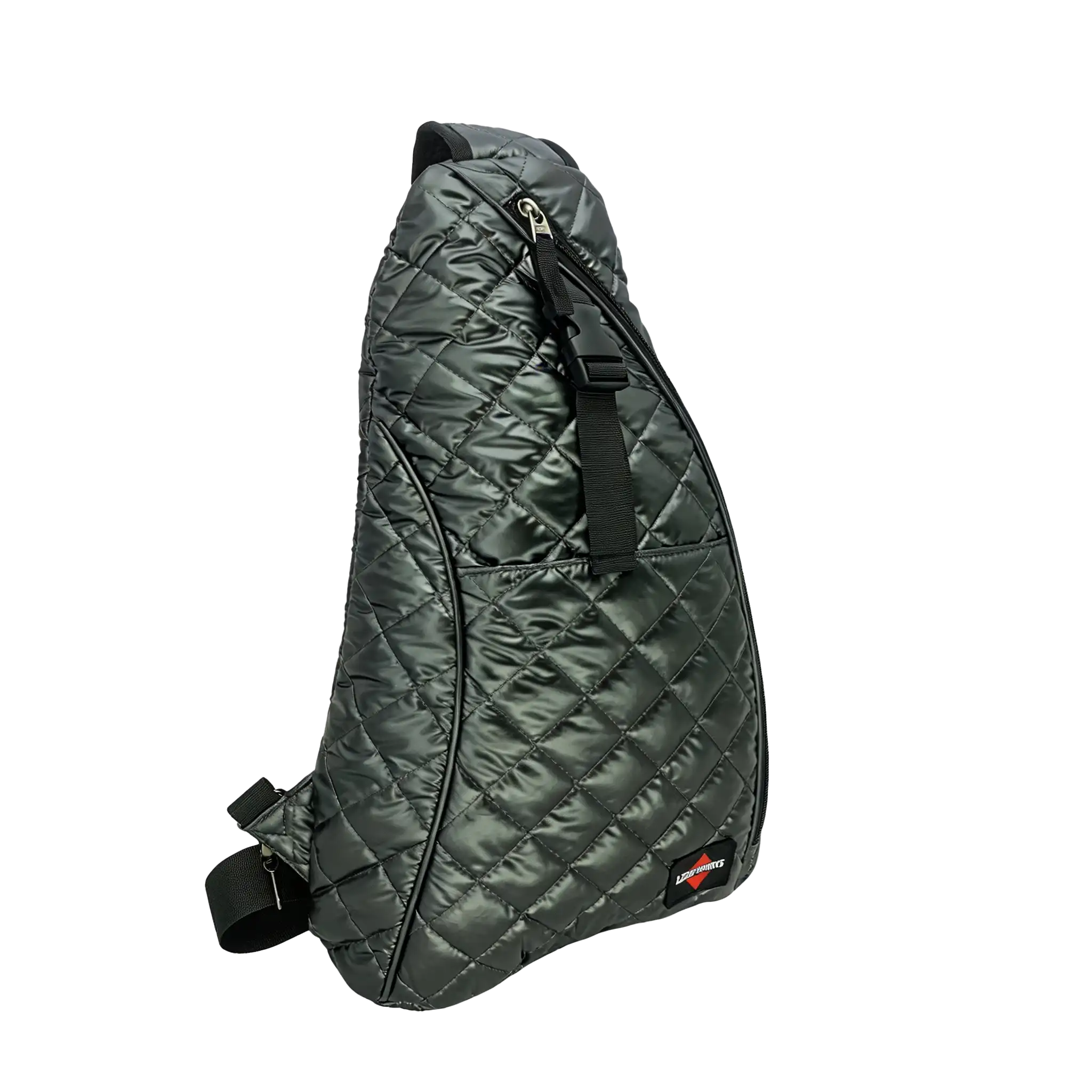 Full front view of the charcoal gray DLP042 mirror-finish sling bag on a display stand showing the zipped front pocket and LEMP SPORTS brand logo
