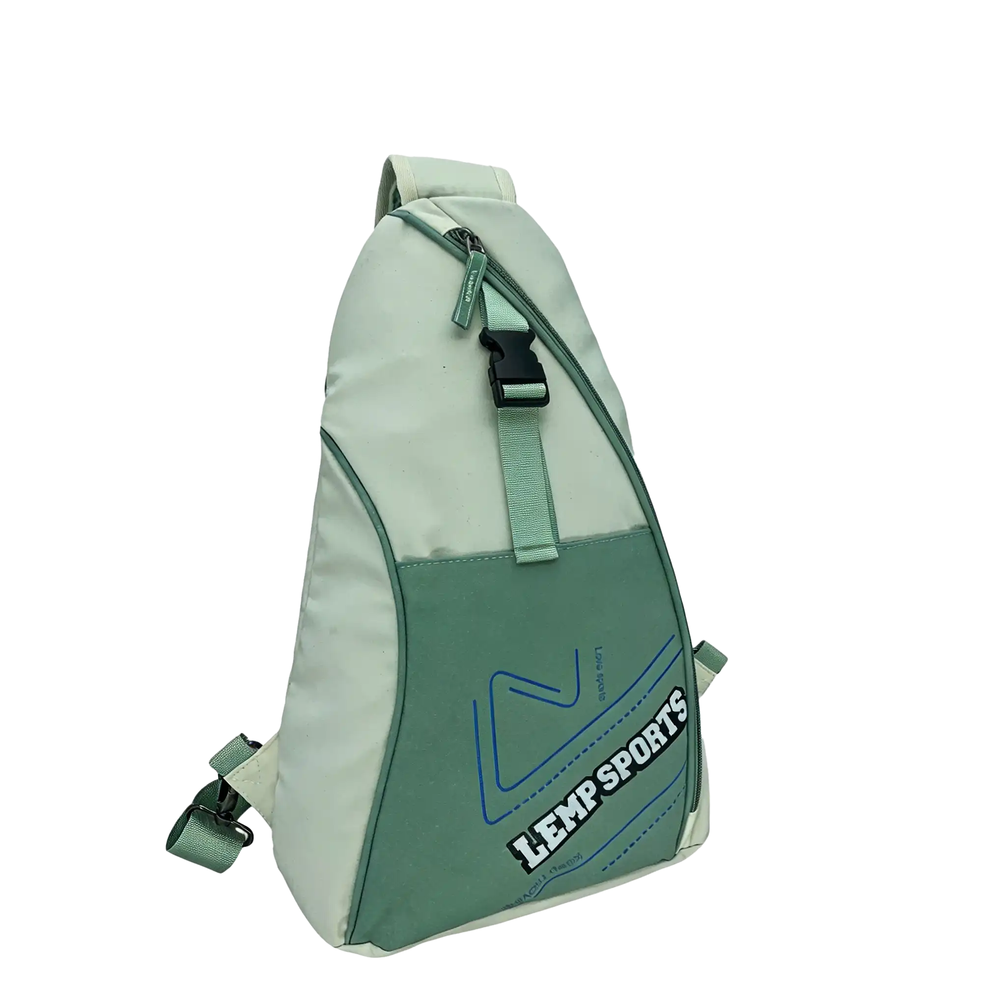 Direkte Vorderansicht der tropfenförmigen Sport-Umhängetasche DLP042-1 mit dem klaren, weißen Fleece-Oberteil im Kontrast zu einer salbeigrünen Untertasche mit dem LEMP SPORTS-Logo