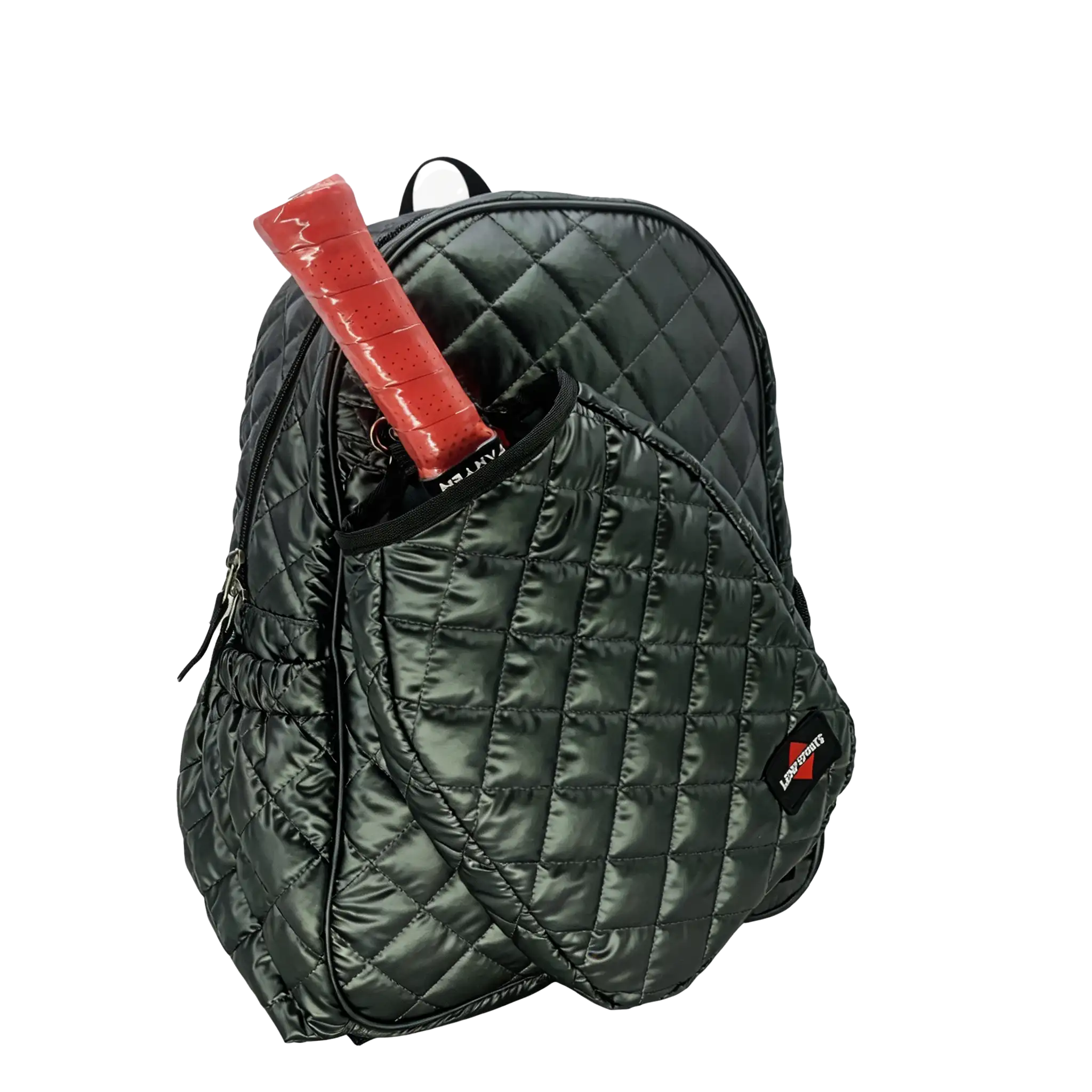 Front perspective view of the DLP043 high-gloss quilted backpack next to its matching detachable paddle sleeve containing a pink handle pickleball racket.