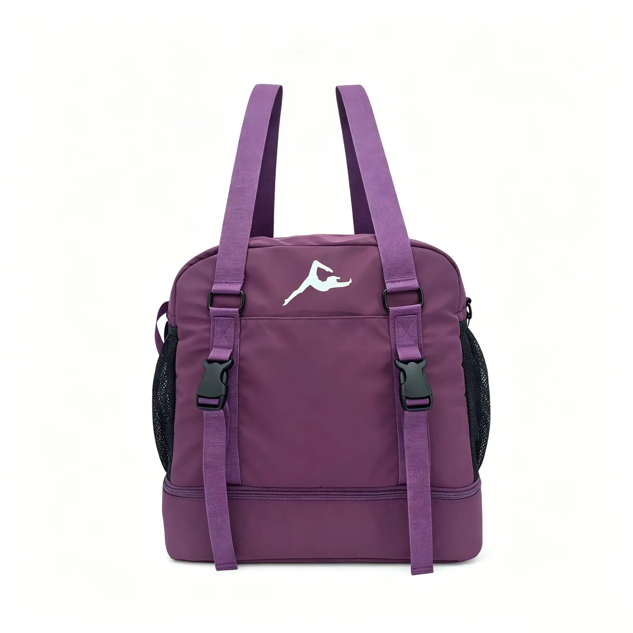 Front view of sleek black memory fabric yoga duffle bag YLP0019 featuring integrated shoe compartment