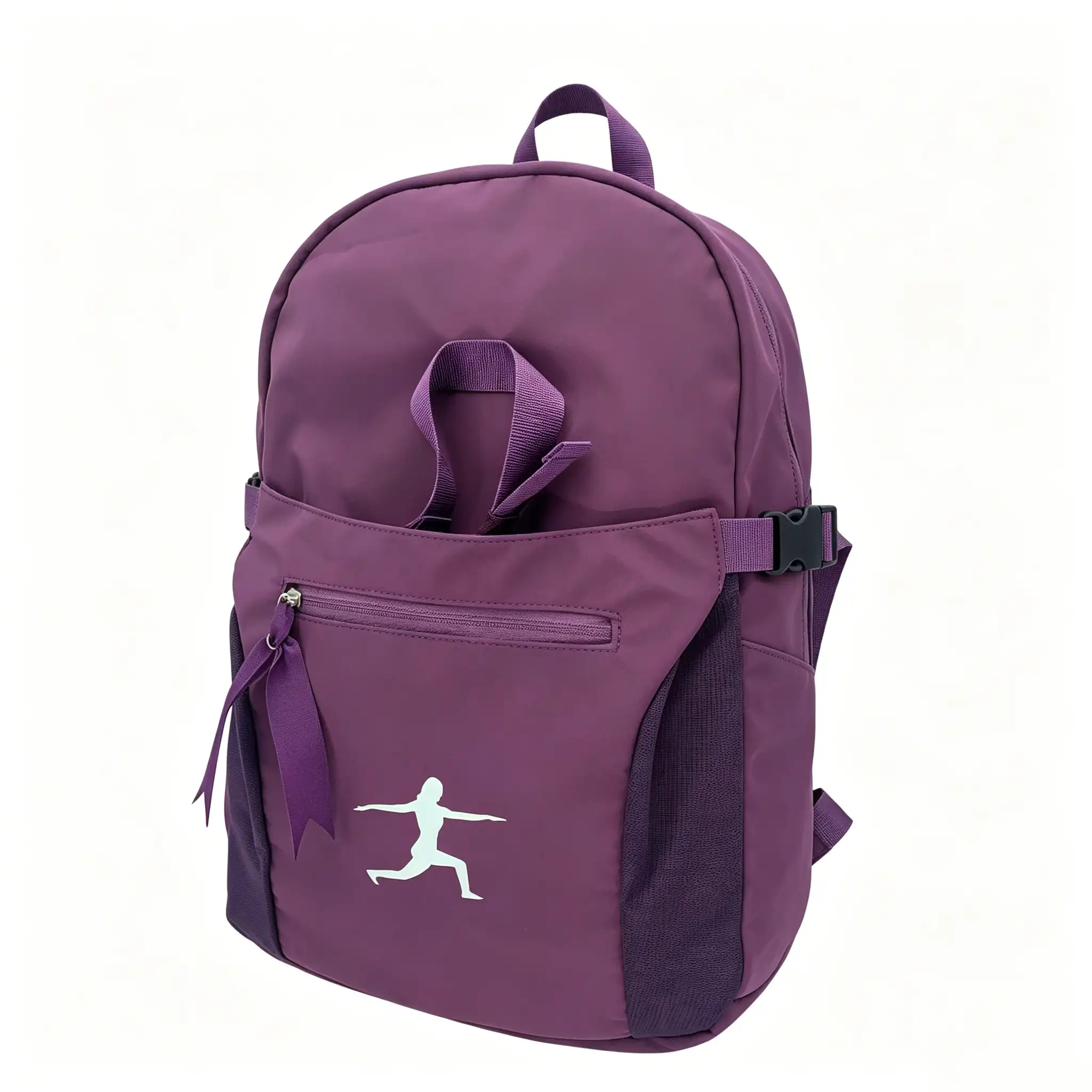 Front view of black premium memory fabric yoga backpack model YLP0018 with vertical mat straps