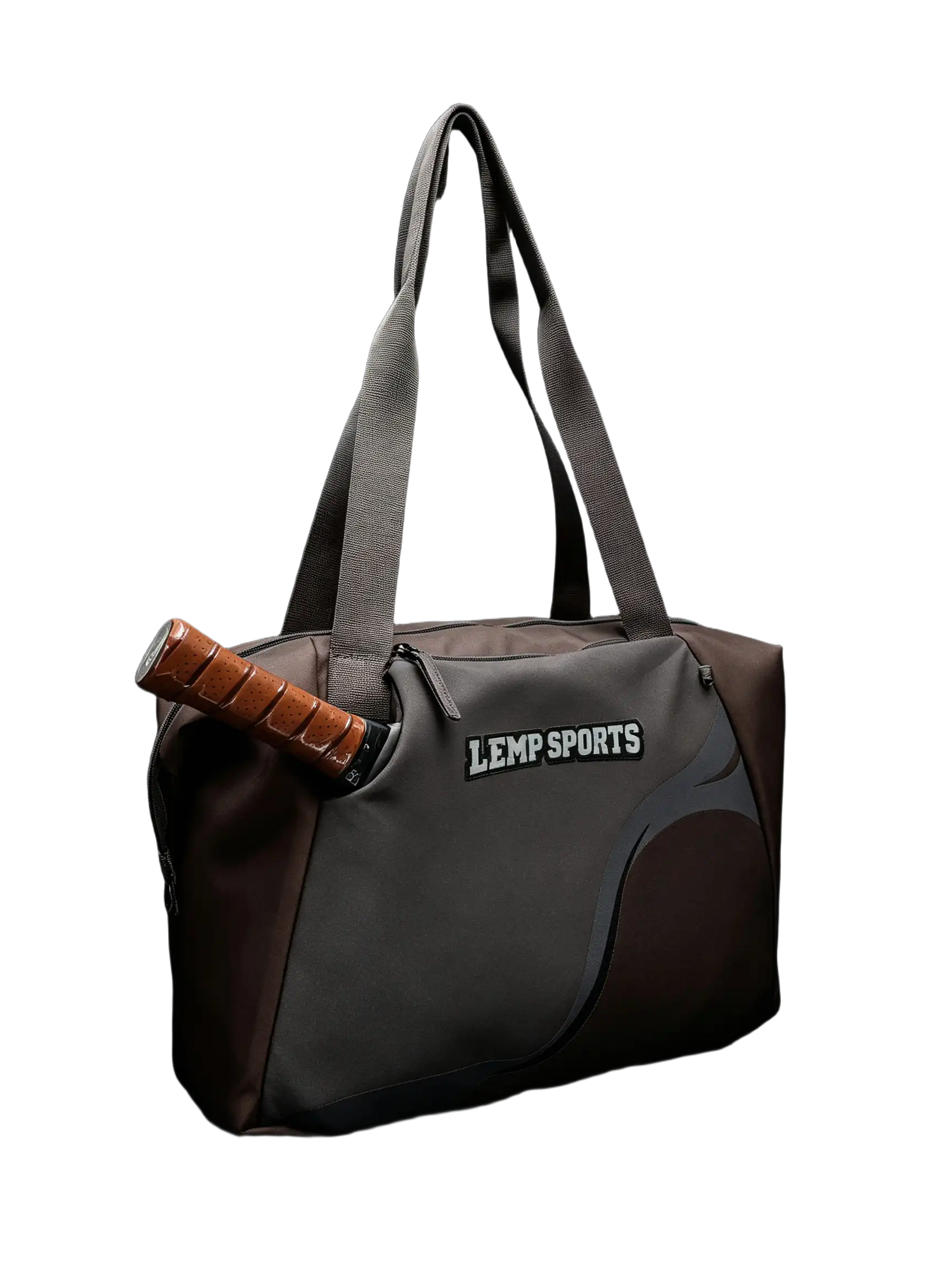 Hochwertige Sport-Schlägertasche in Haferflocken und Terrakotta mit Außentasche für Schläger, schwarzer Studiohintergrund