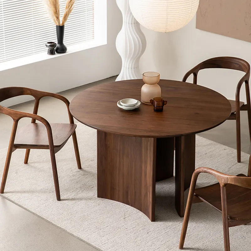 Mesa de comedor redonda de nogal atemporal: diseño duradero de madera maciza - QYT82504 1