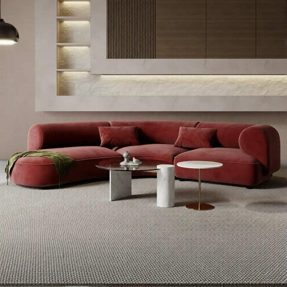 Sofá seccional moderno curvo de tela con estructura de madera maciza - QY-S1709 1