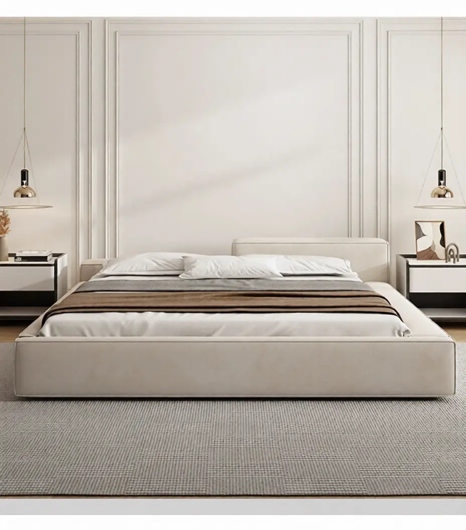 Modern High‑Low Block Bed Geometric Upholstered Platform Bed Frame--KY-B04 1