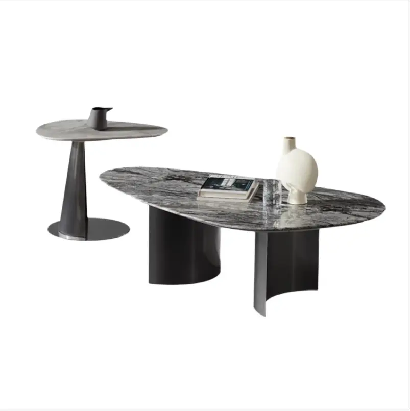 Mesa de centro ovalada moderna de mármol de lujo con mesa auxiliar a juego - 018 1