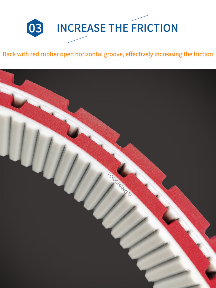 Special customized industrial endless  polyurethane tooth timing belts with red apl rubber coated 10
