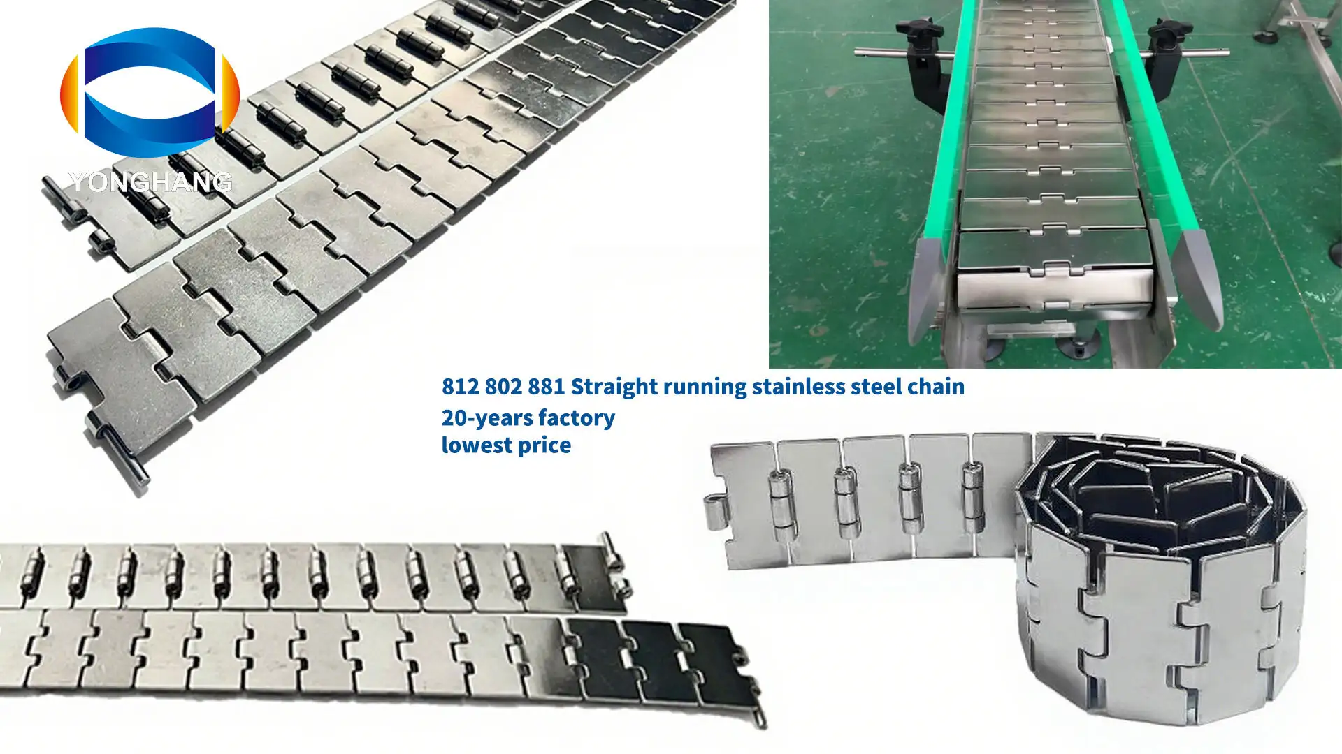 Correntes Flat Top em aço inoxidável 812 802 881, passo 38,1 mm 1