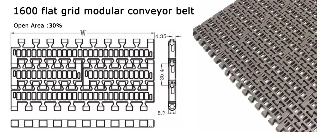  Figura de dimensión de cinta transportadora modular de rejilla plana 1600