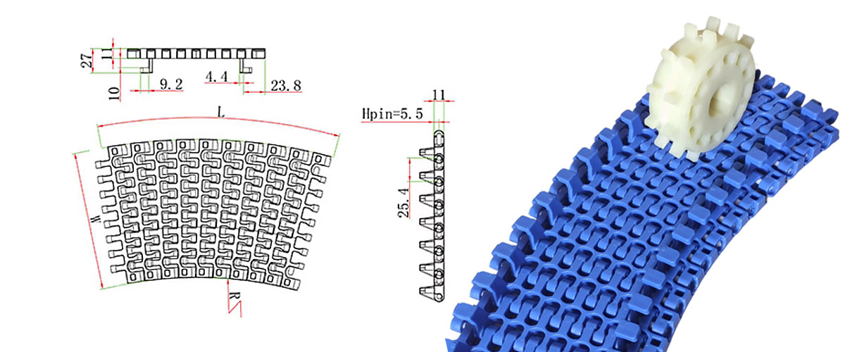 2540 Módulo de plástico giratorio Cinta transportadora de cadena Paso 25,4 3