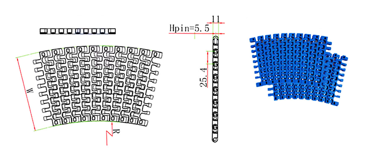 2540 Módulo de plástico giratorio Cinta transportadora de cadena Paso 25,4 2