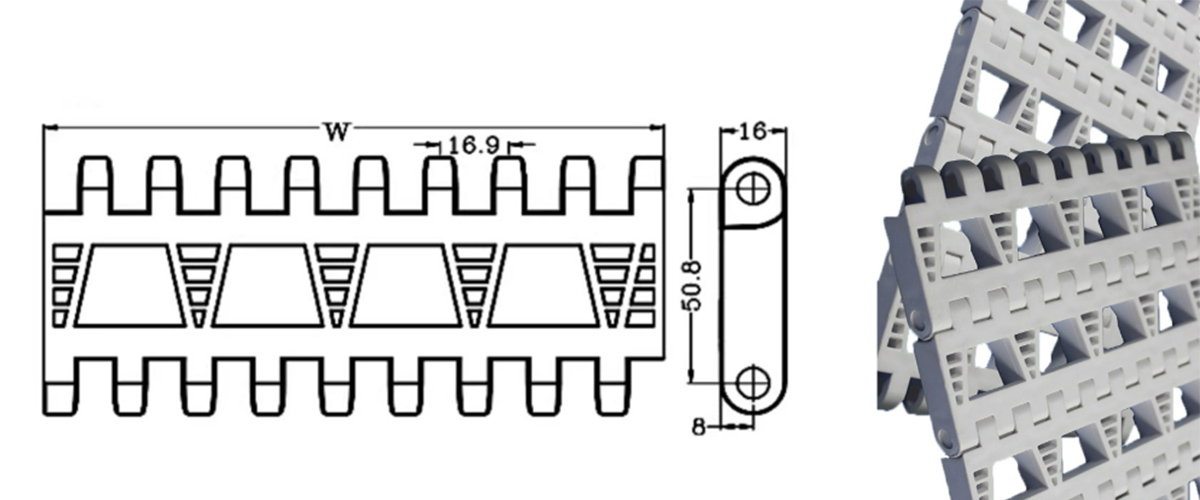 Correia transportadora modular de plástico da série OPB, passo 50,8 mm 11