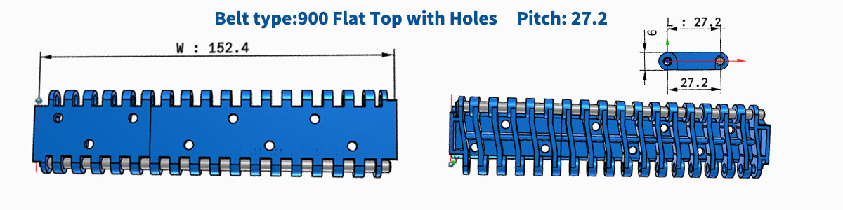 สายพานลำเลียงพลาสติกแบบโมดูลาร์ ระยะห่างฟัน 900 มม. ความหนา 27.2 มม. แบบมีร่องยกนูน 6