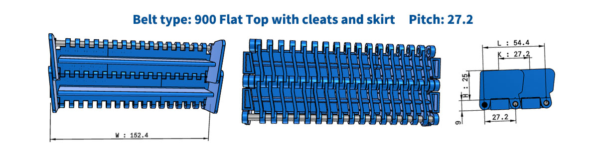 สายพานลำเลียงพลาสติกแบบโมดูลาร์ ระยะห่างฟัน 900 มม. ความหนา 27.2 มม. แบบมีร่องยกนูน 11