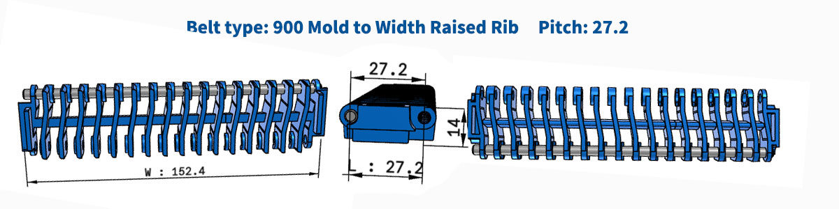 สายพานลำเลียงพลาสติกแบบโมดูลาร์ ระยะห่างฟัน 900 มม. ความหนา 27.2 มม. แบบมีร่องยกนูน 8