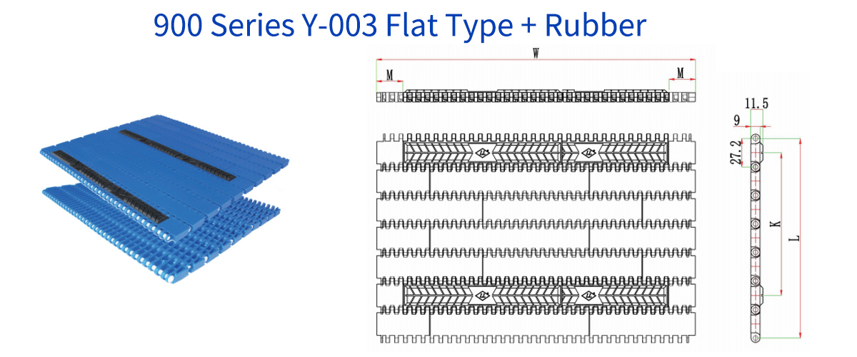 สายพานลำเลียงพลาสติกแบบโมดูลาร์ ระยะห่างฟัน 900 มม. ความหนา 27.2 มม. แบบมีร่องยกนูน 12