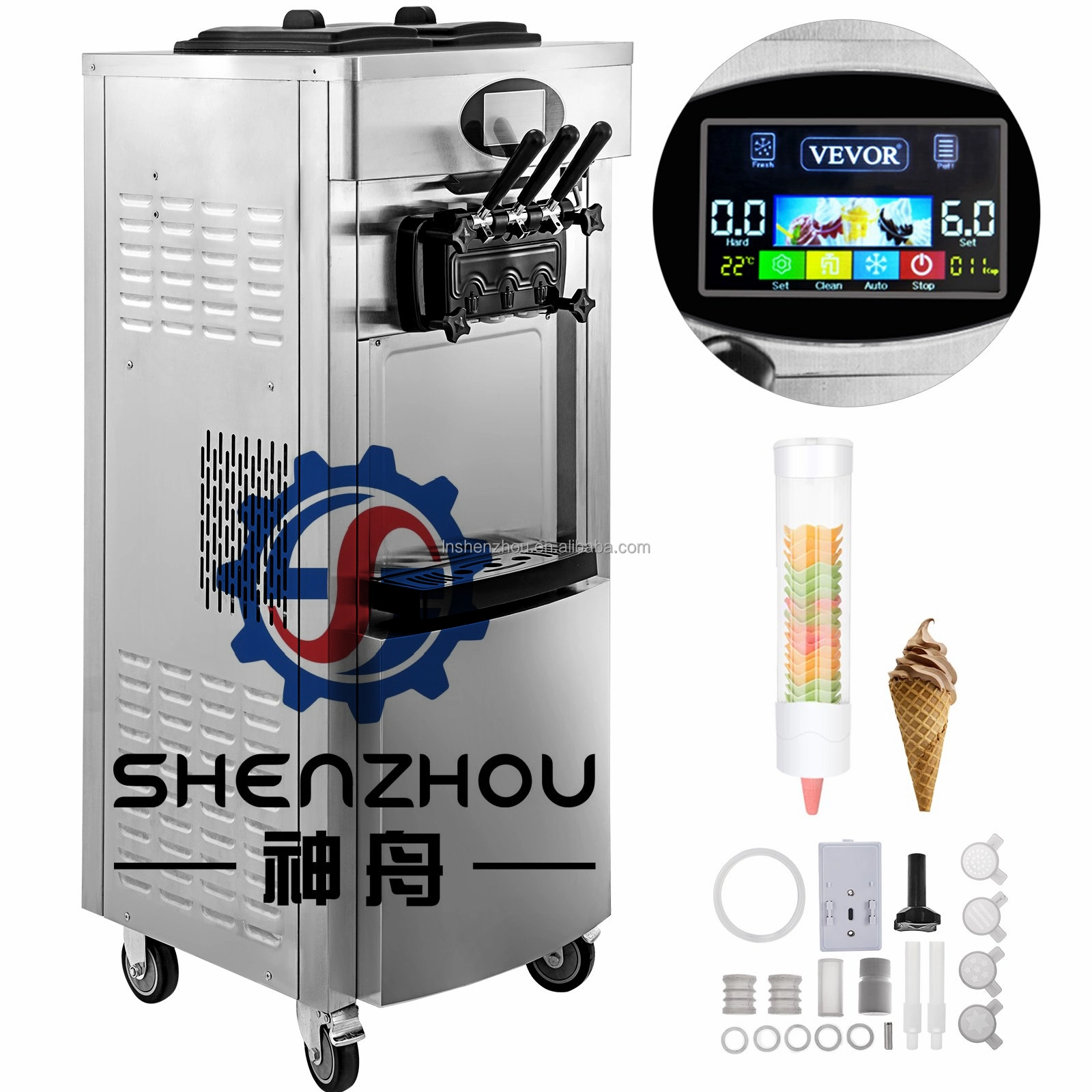 Shenzhou - Commercial Soft Ice Cream Machine 3 Flavors Pre-cooling Auto 304 Stainless Food Machine1 1