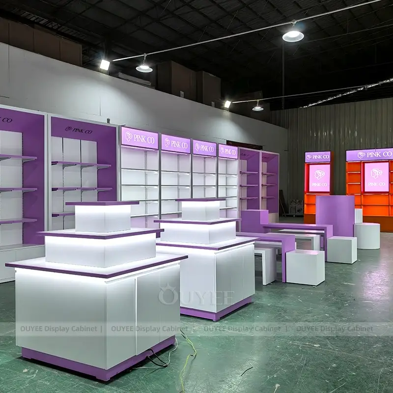 Modular Pink Wall Display Shelving Unit for Beauty and Cosmetics Stores 1