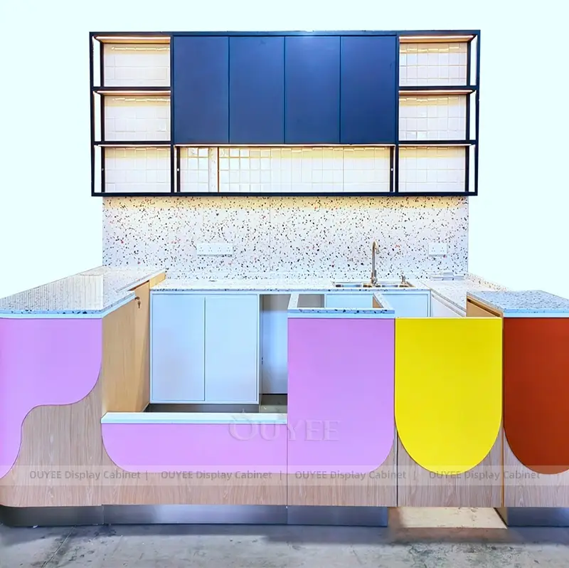 Playful Coffee Counter with Colorful Panels and Terrazzo Surface 1