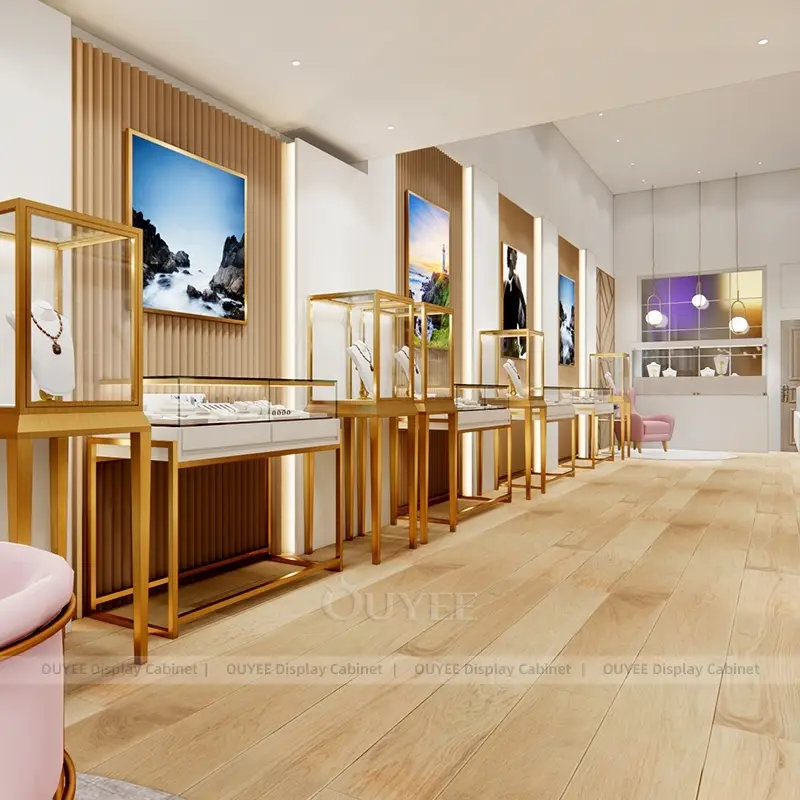 Modern Jewelry Store Wall Display Cabinets with Wooden Showcase Frames and Glass Display Counters 1