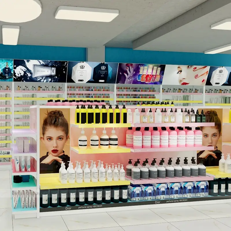 Double-Sided Cosmetics Gondola Display Shelf for Beauty Retail Stores 1