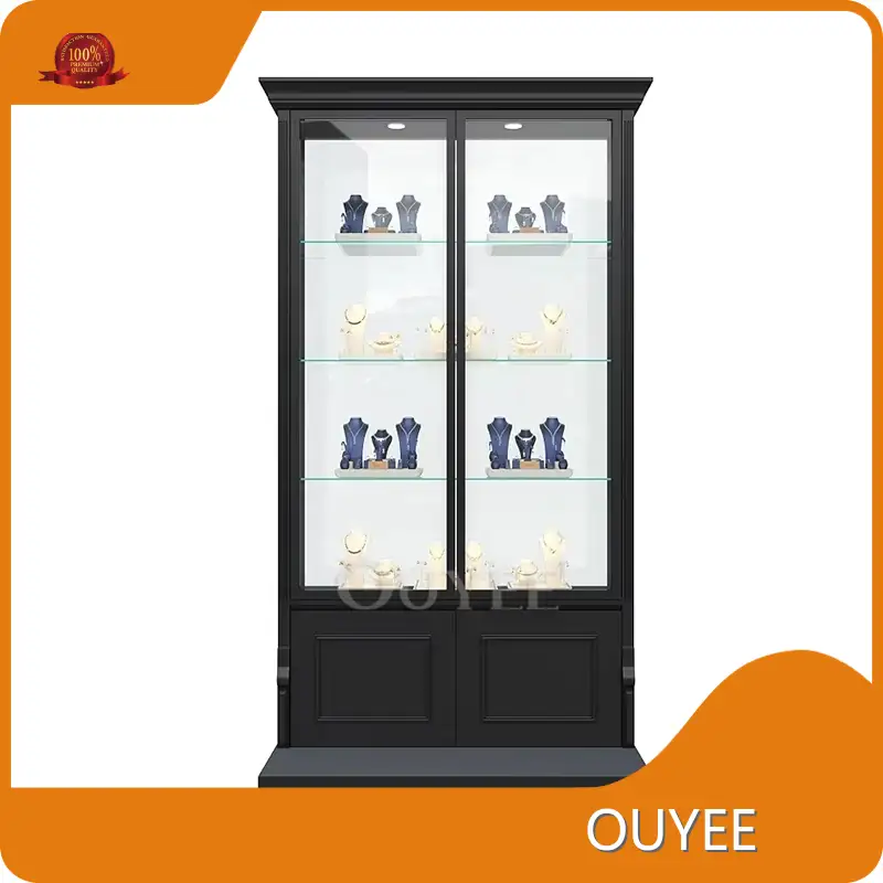 Black Frame Glass Jewelry Display Cabinet: Sliding Doors, LED, Lock 1