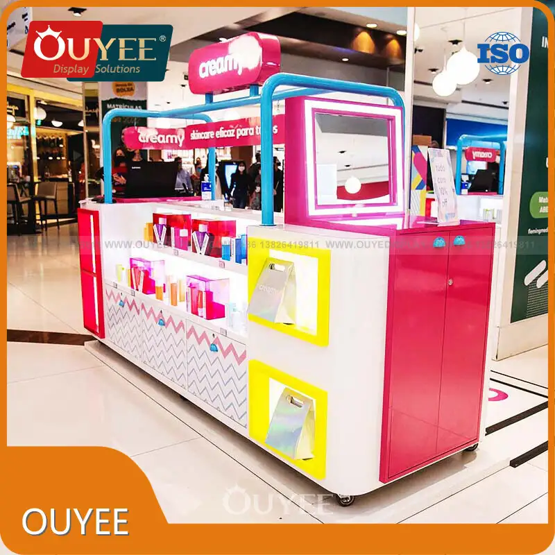 Custom Mobile Shopping Mall Kiosk LED Wooden Pink Dessert/Candy Cart 1