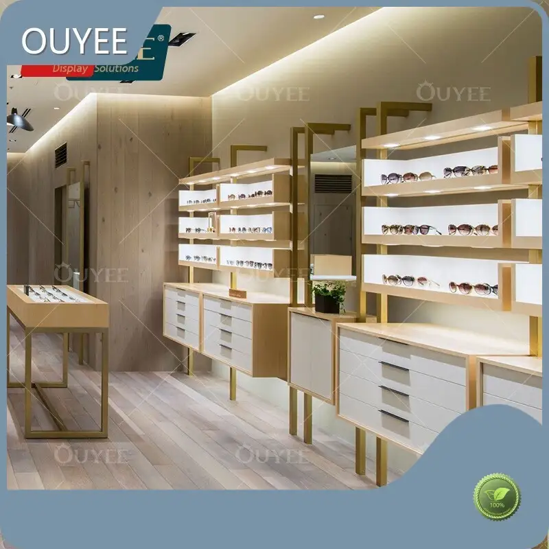 Custom Optical Shop Interior Wood Counter & Sunglass Wall Fixtures 1