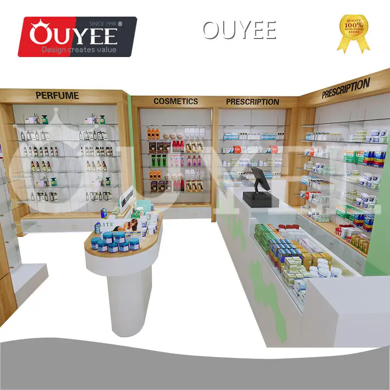 Pharmacy Display Stand - Wooden Wall-Mounted Unit with Drawers 1