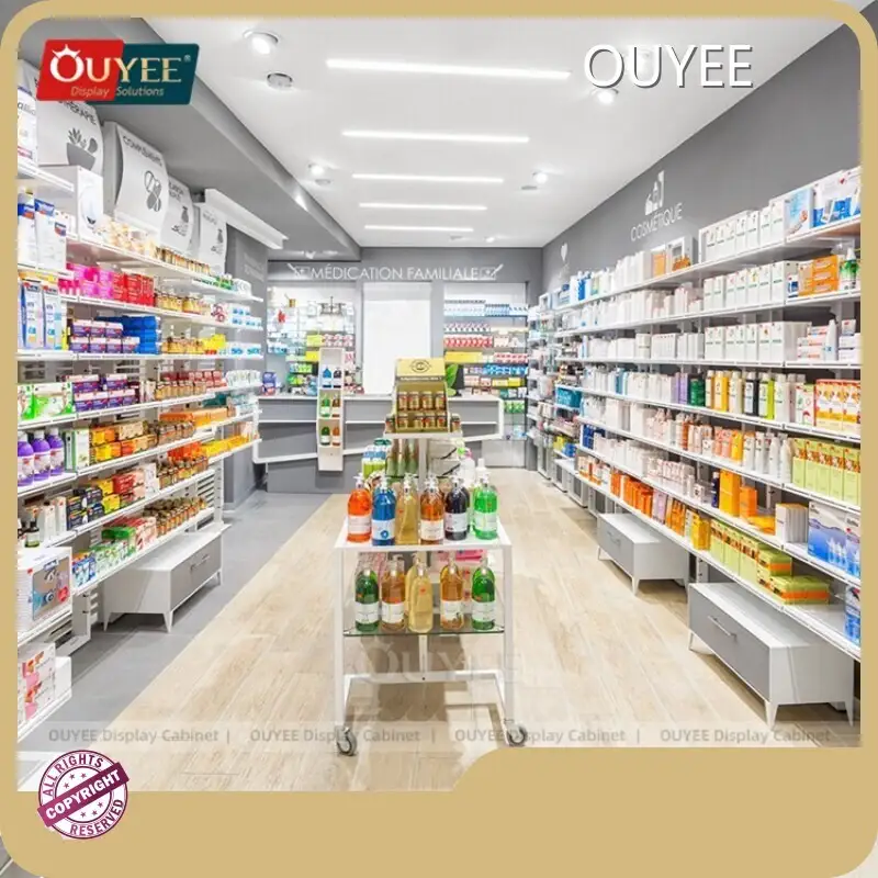 Wooden Pharmacy Counter Glass Shelves Medicine Display Rack 1