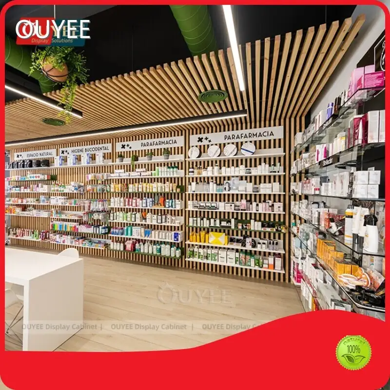 Custom Wooden Retail Pharmacy Wall Display Stand with Shelves 1