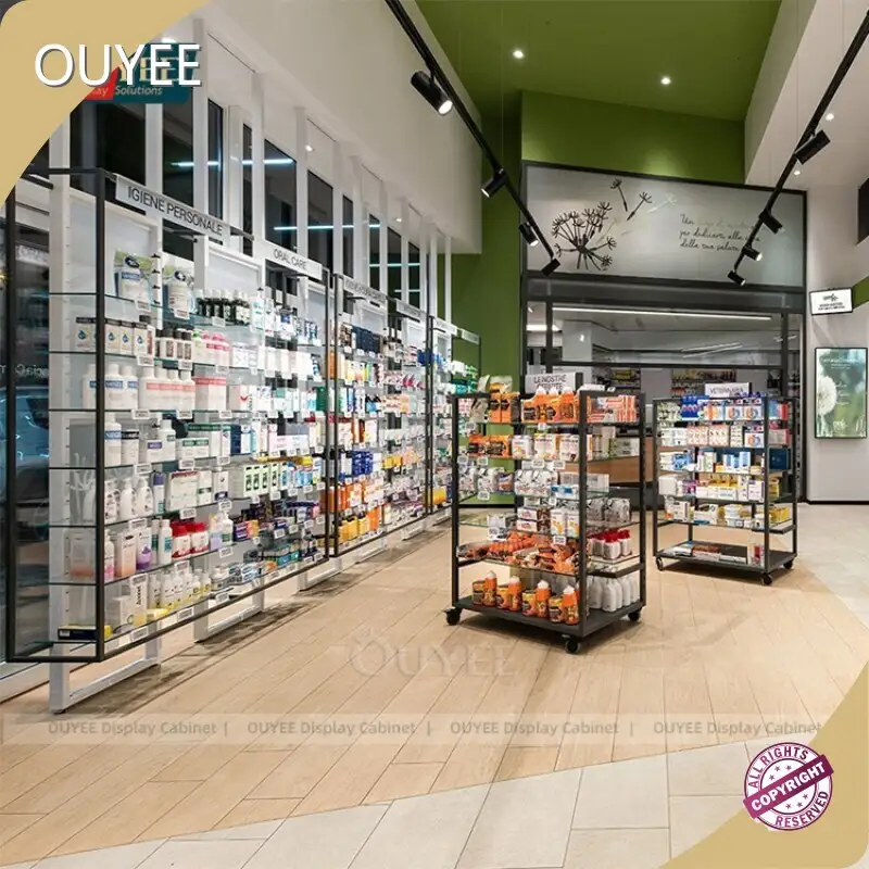 Custom Metal Pharmacy and Medical Display Rack with Glass Shelves 1