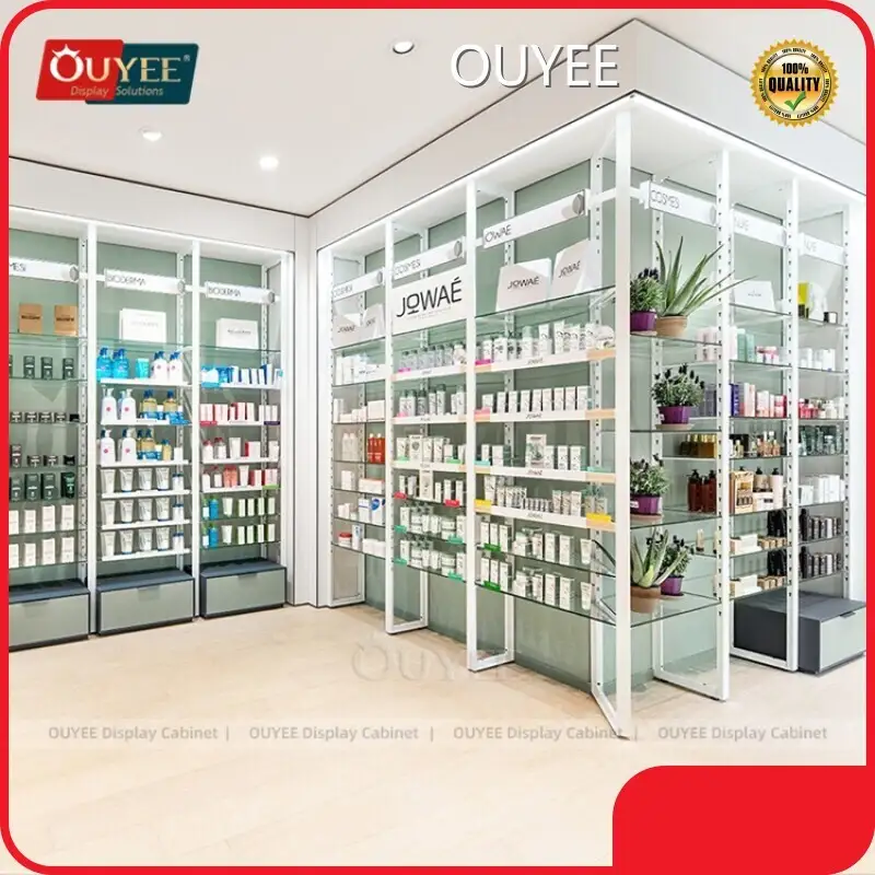 Retail Pharmacy Metal Rack Wall Display with Glass Shelves & Baskets 1