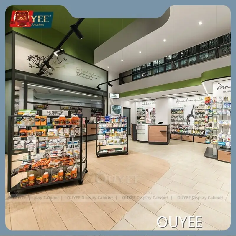 Wood Pharmacy Display Rack with Glass Shelves - Medical Store Counter 1