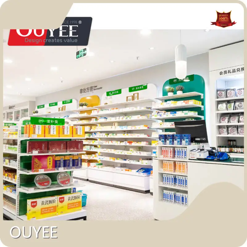 Customized Wooden Standing Pharmacy Shop Display Shelves Showcase 1