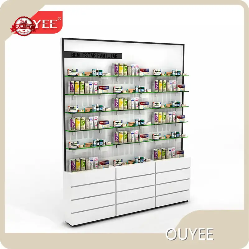 Factory Customized Light-Up Glass Pharmacy Display Case Wooden Shelving 1