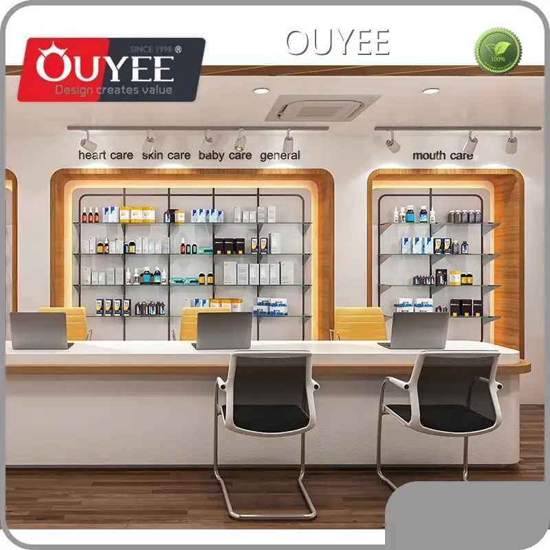 Pharmacy Shop Layout: Customized Cash Counter & Display Shelves 1