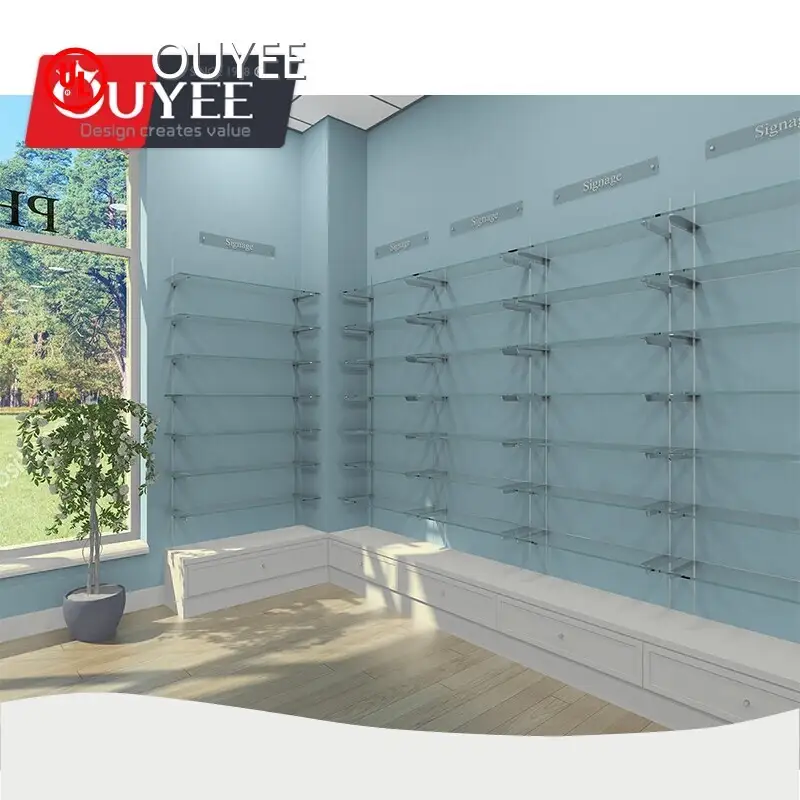 Custom Pharmacy Wall-Mounted Glass Display Shelves for Retail Store 1